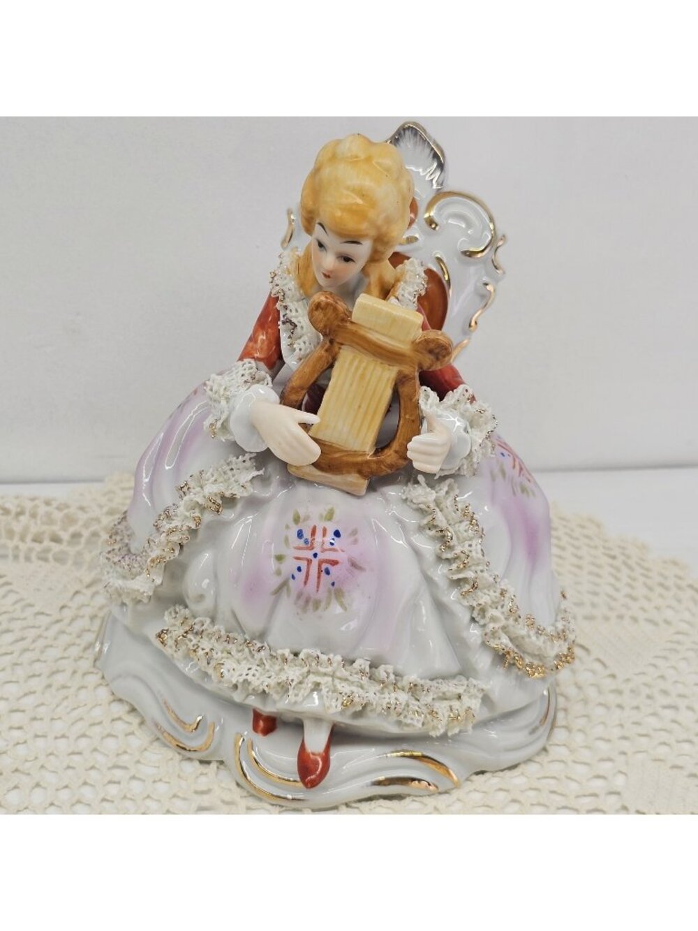 Vintage Nanco Hand-Painted Porcelain Figurine Lady Playing Harp Dresden Style 7"